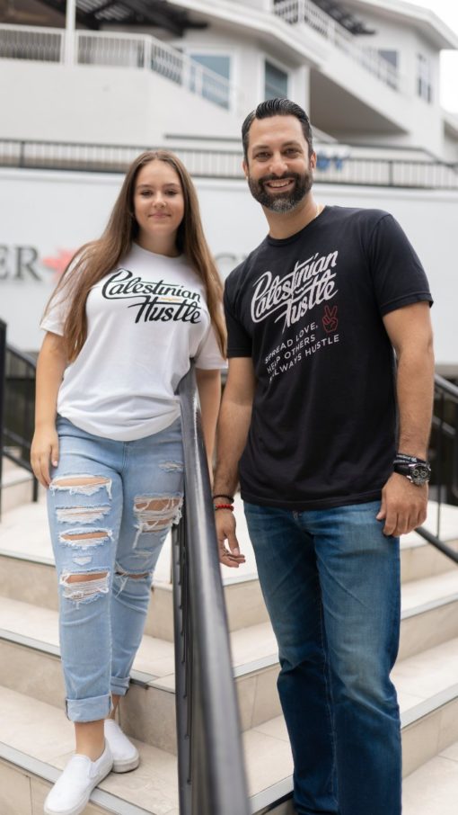 Black Palestinian Hustle Tagline Unisex T-Shirt & White T-Shirt with Black Letters | Palestinian Hustle | Clothing to Spread Love, Help Others & Always Hustle